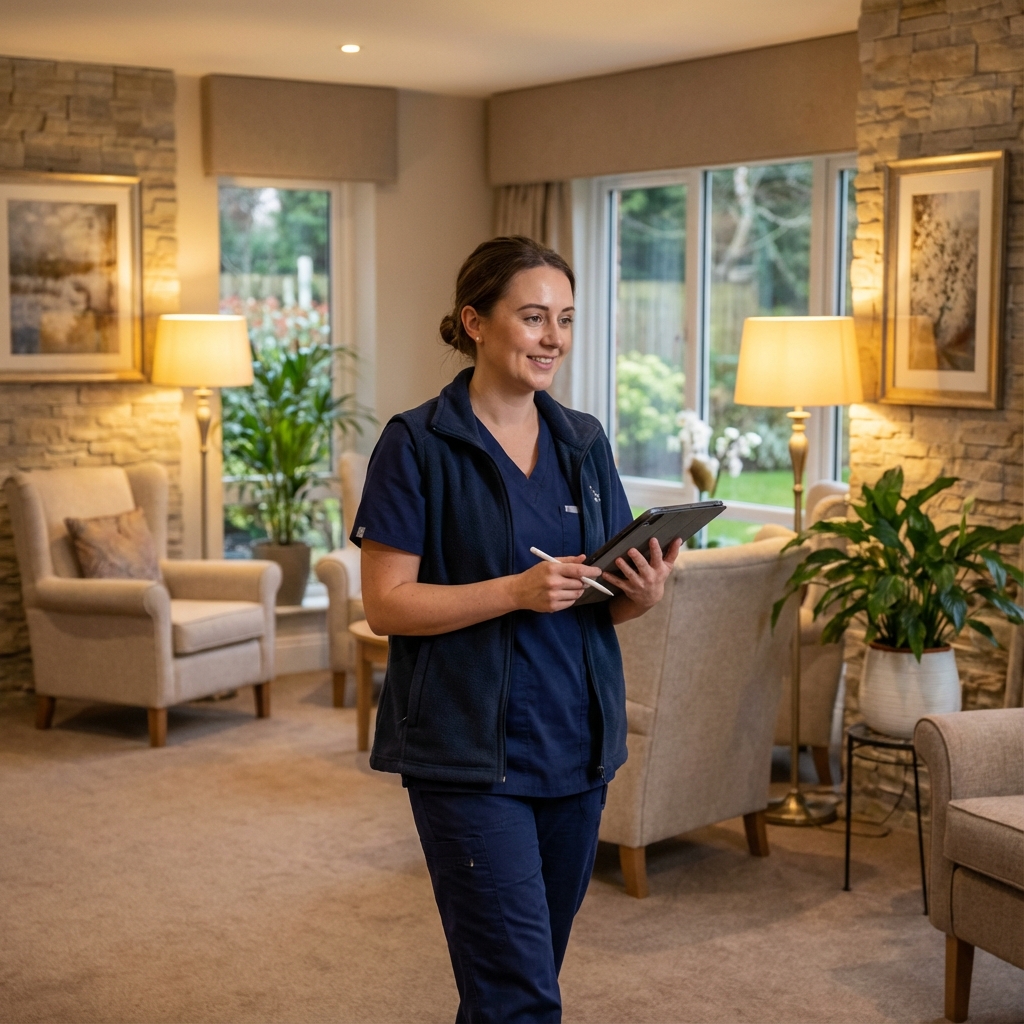 Nurse using tablet offline in hallway
